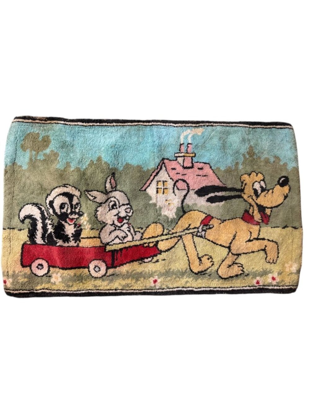 Vintage 1950s Walt Disney Pluto Rug 34" x 20" Skunk Bunny Wagon Scene Carpet Dec